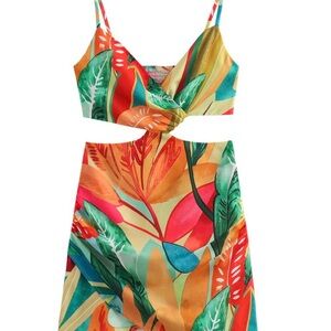 Tropical Leaf Print Cutout Dress